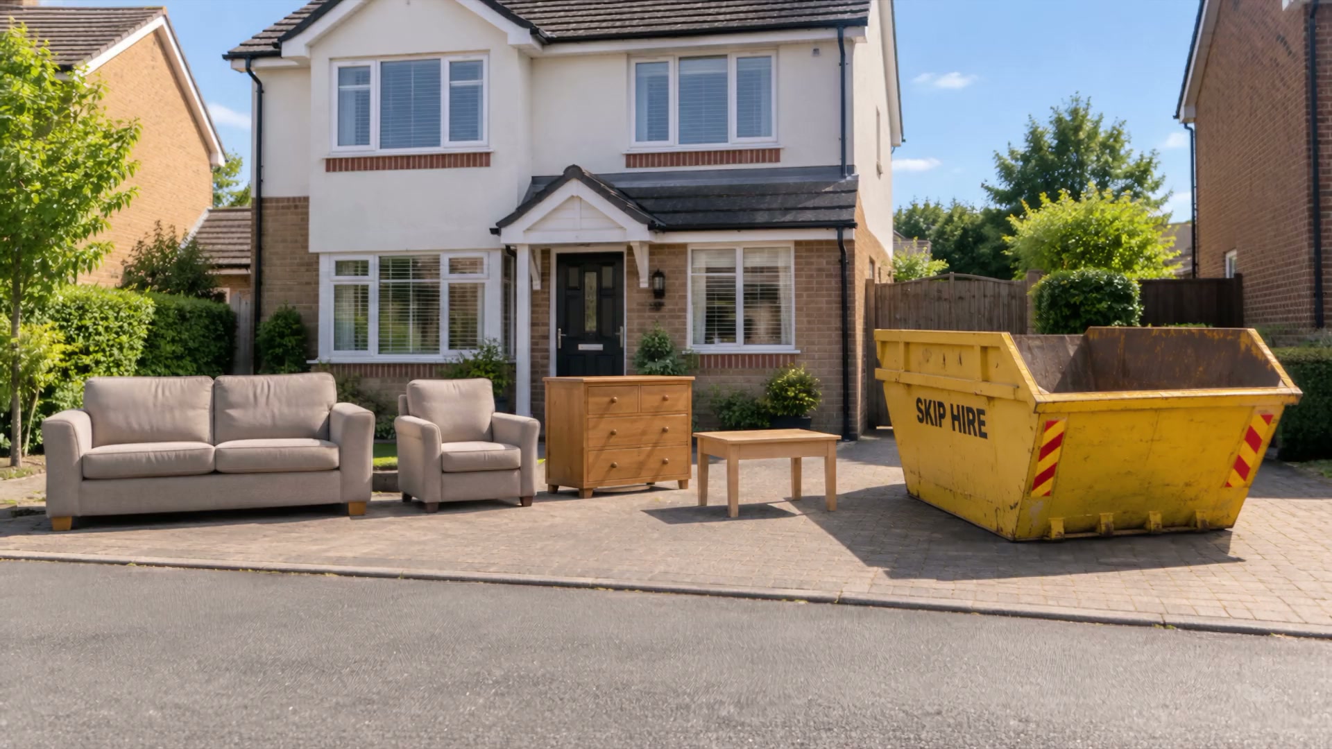 Furniture waiting at the kerbside beside a skip outside a house